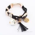 Gold Charm Mesh Rope Wrap Tassel Bracelet With Pearl Pendant